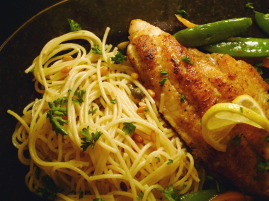 Pan-Fried Catfish, Sugar Snap Peas, Spaghetti with Capers and Pine